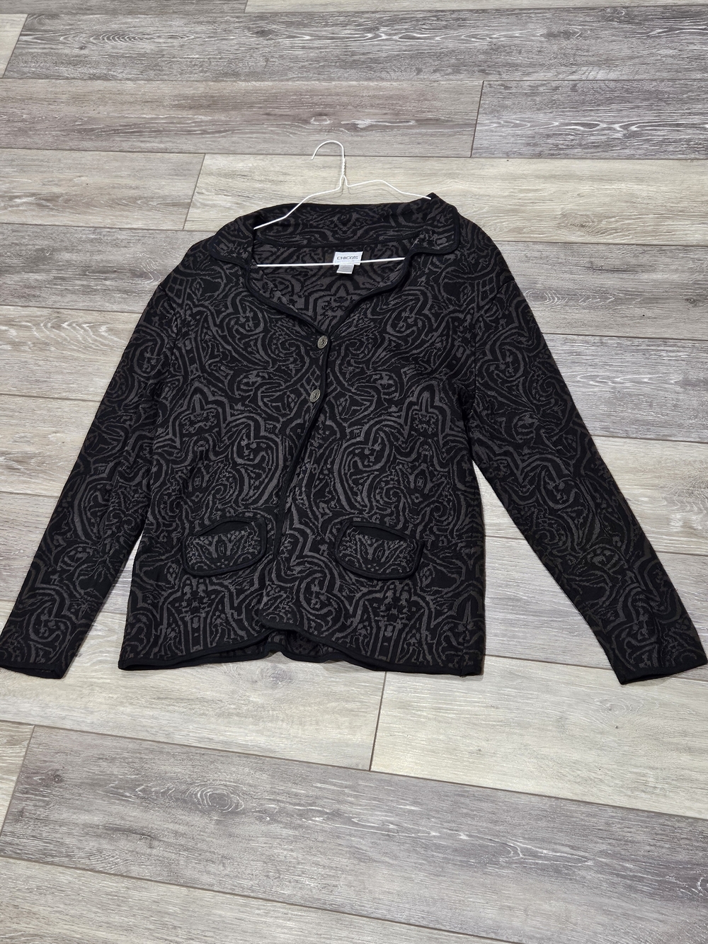 Chico's Black & Gray Paisley-Style Silk Blend Knit Cardigan Size Large